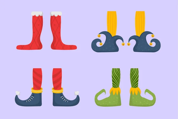 Elfo pies, zapatos para elfos, Santa Claus ayudantes pierna — Vector de stock