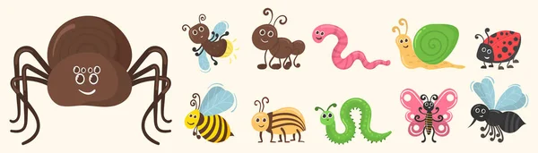 Lindos personajes de insectos, gusano insecto, escarabajo plano. — Vector de stock
