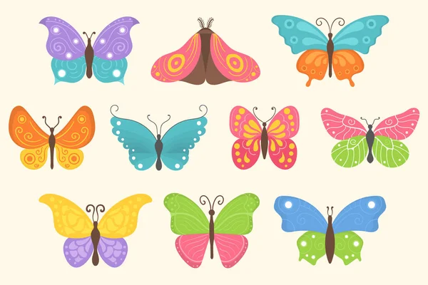 Набор красочных летающих насекомых, летняя бабочка плоская — стоковый вектор