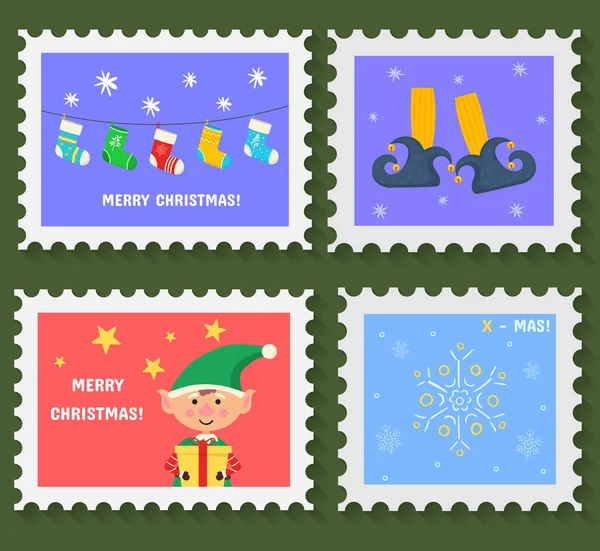 Nastavit vánoční poštovní známku, razítka nebo samolepky — Stockový vektor