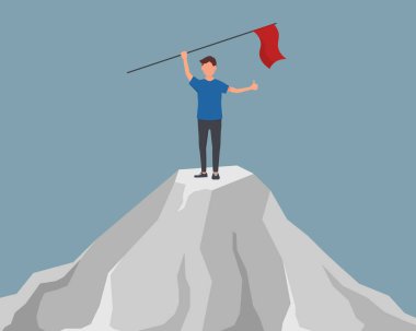 Elinde bayrak olan kasıtlı bir iş adamı. Hedefe ulaşmanın yolunu bulmanın başlangıcı. karakter insanları