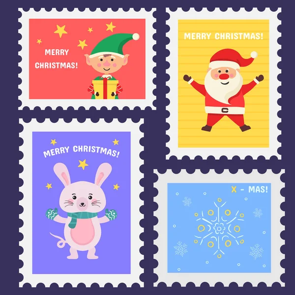 Установка рождественской почтовой марки, почтовых штемпелей или наклеек — стоковый вектор