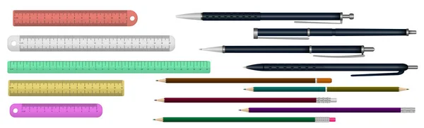 Fournitures, crayons ou stylos de bureau réalistes — Image vectorielle