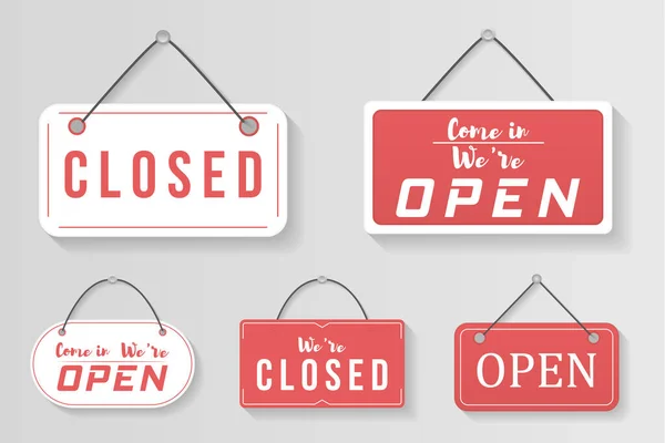 Flat sign open closed, hanging signboard for shop. — Stock Vector