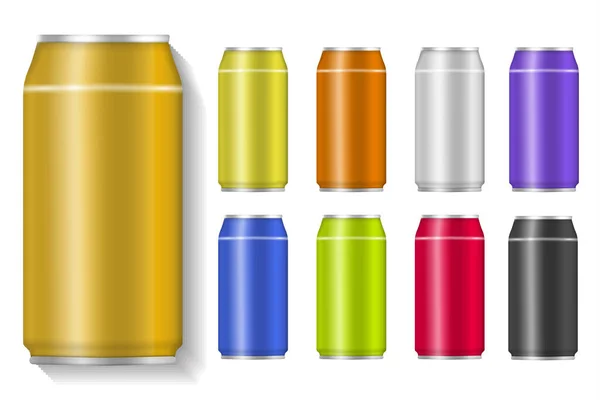 Realistic metallic aluminum cans for soda, drink. — Stock Vector