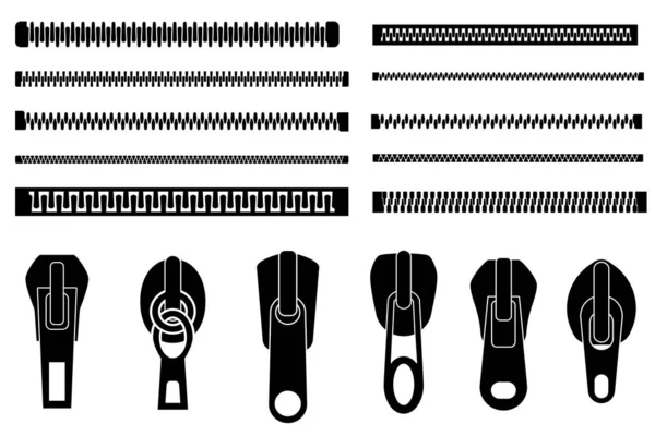 Zip pulls or zipper pullers, zippers set, zippered — Stock Vector