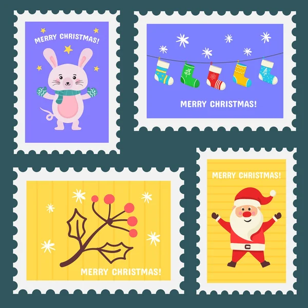 Nastavit vánoční poštovní známku, razítka nebo samolepky — Stockový vektor