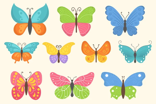 Набор красочных летающих насекомых, летняя бабочка плоская — стоковый вектор