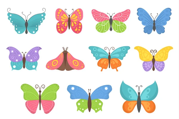 Set coloridos insectos voladores, mariposa de verano plana — Vector de stock