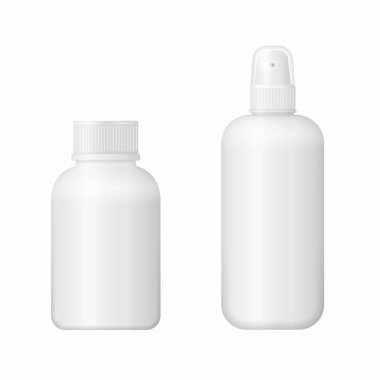 İlaç ve kapsül için gerçekçi tıbbi plastik şişe.