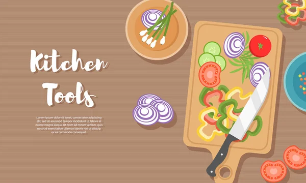 健康食品の調理。台所用品のトップビュー,ナイフでまな板,料理,プレートと異なる食品. — ストック写真