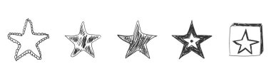 Doodle çizim yıldızı, yıldızlı çizim ve beyaz arkaplanda izole edilmiş yıldız ikonu. El çizimi karalama stili. Fırça, kalem ve mürekkeple çizilmiş siyah semboller. Düz dizayn. Vektör illüstrasyonu.