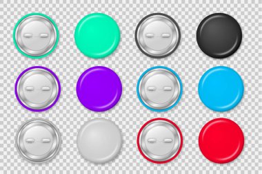 Çembersel parlak plastik metal etiket, maket, broş koleksiyonu. Boş rozet, 3D renkli yuvarlak iğne düğmeleri. Rozetler, iğne düğmesi ve şeffaf arka plana iğnelenmiş. Vektör illüstrasyonu.