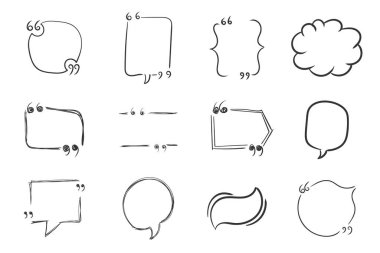 Tırnak işaretli boş bir konuşma balonu seti. Alıntı kutuları beyaz arka plana karalama yapar. El çizimi konuşma baloncukları, taslak çerçeveler. Alıntı, virgül, mesaj. Vektör