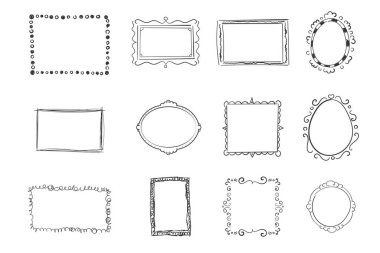 El çizimi çerçeveler, kare kenarlı karalamalar. Resim çerçevesi çizimi. Taslak çizim. Boş, siyah, kare çizimler. Çizgi film tarzı. Vektör illüstrasyonu.