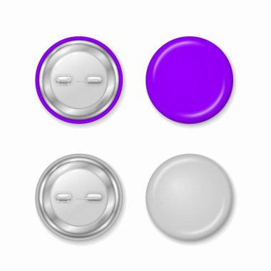 Çembersel parlak plastik metal etiket, maket, broş koleksiyonu. Boş rozet, 3D renkli yuvarlak iğne düğmeleri. Rozetler, iğne düğmesi ve beyaz arka plana iğnelenmiş. Vektör illüstrasyonu.
