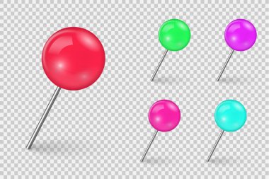 Gerçekçi renkli işaretleyici raptiye raptiye iğneli tahta raptiye organize duyuru. 3D plastik raptiyeler, metal dikiş iğneleri ya da kağıt uyarısı için tahta raptiyeler. Kırtasiye iğneleri. Vektör.