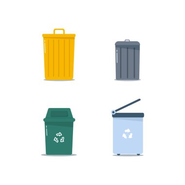Çizgi film renkli çöp tenekeleri beyaz arka planda izole edilmiş. Metal ve plastik çöp kutuları, düz tasarım çöp torbaları. Çöplerle dolu çok renkli çöp bidonları. 