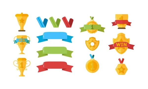 Set Gold Reward Icons Success Victory Trophies Stars Cups Ribbons — Stock Photo, Image