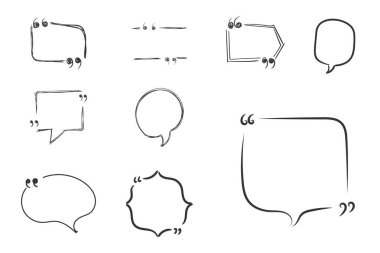 Tırnak işaretli boş bir konuşma balonu seti. Alıntı kutuları beyaz arka plana karalama yapar. El çizimi konuşma baloncukları, taslak çerçeveler. Alıntı, virgül, mesaj. Vektör