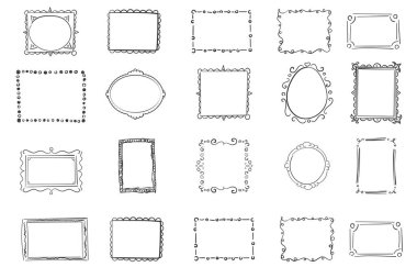 El çizimi çerçeveler, kare kenarlı karalamalar. Resim çerçevesi çizimi. Taslak çizim. Boş, siyah, kare çizimler. Çizgi film tarzı. Vektör illüstrasyonu.