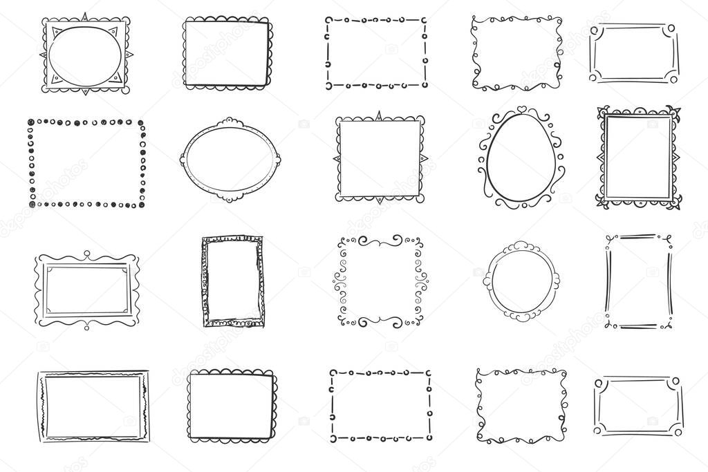 Hand drawn frames, square borders sketched doodle. Picture frame scribble drawing sketch. Outline drawing. Blank black square cadre sketches painted. Cartoon style. Vector illustration.