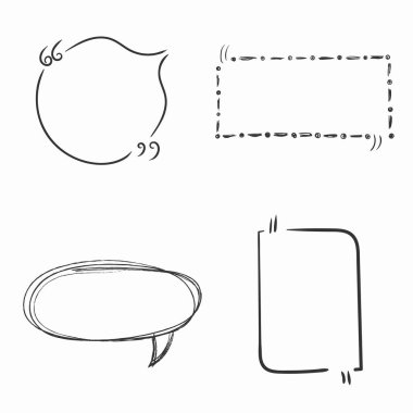 Tırnak işaretli boş bir konuşma balonu seti. Alıntı kutuları beyaz arka plana karalama yapar. El çizimi konuşma baloncukları, taslak çerçeveler. Alıntı, virgül, mesaj. Vektör