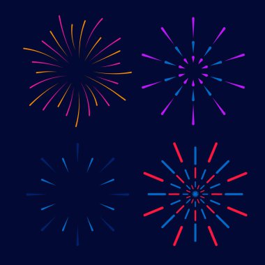 Yeni yıl festivalindeki kutlamalar için havai fişekler. Havai fişek seti, tatiller için tasarım unsuru, kutlama partisi, yıldönümü. Renkli modern patlama. Düz tasarımda vektör illüstrasyonu.