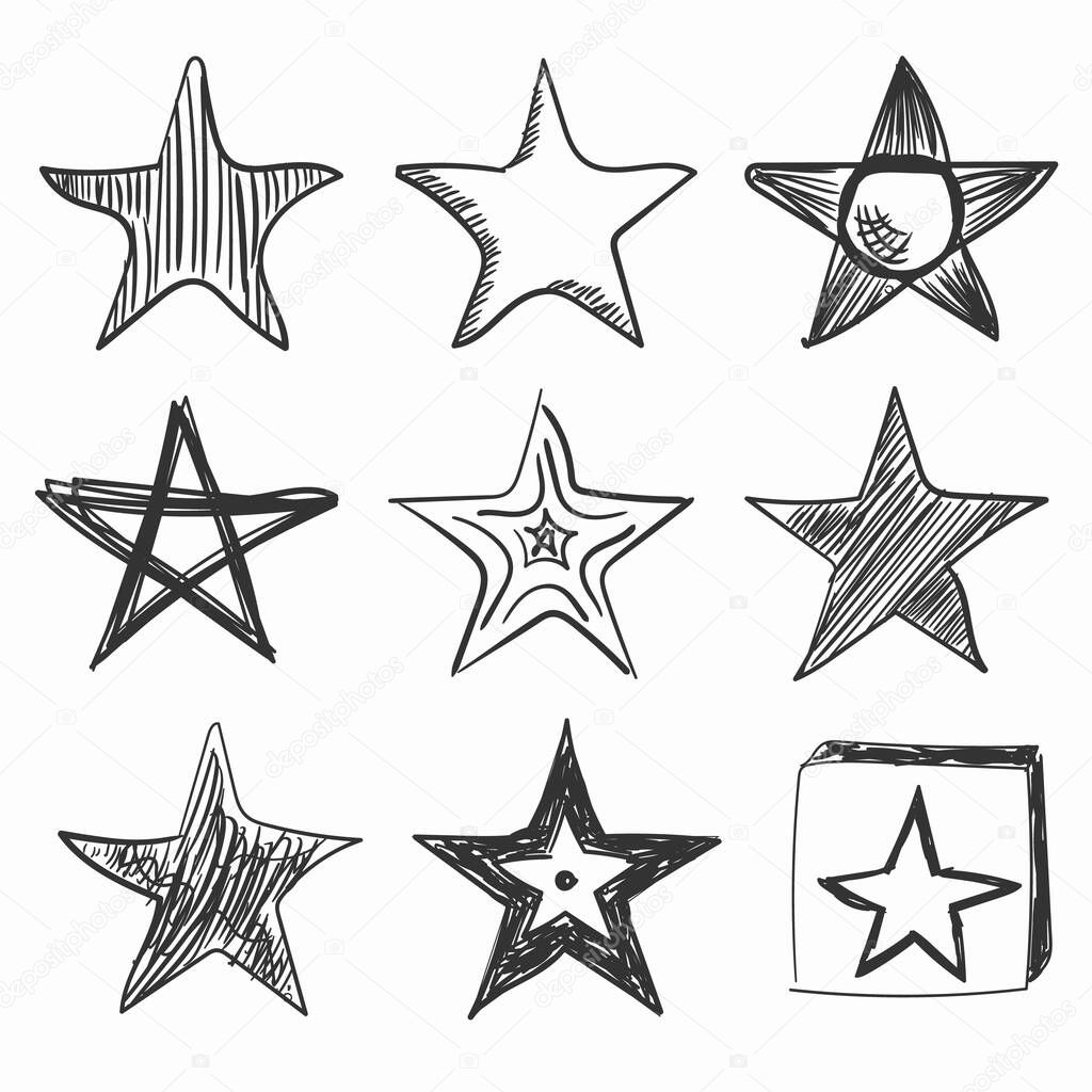 Doodle drawing star, starry sketch and stars icon isolated on white background. Hand drawn scribble style sketching. Black symbols drawn by brush, pen, ink. Flat design. Vector illustration.