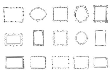 El çizimi çerçeveler, kare kenarlı karalamalar. Resim çerçevesi çizimi. Taslak çizim. Boş, siyah, kare çizimler. Çizgi film tarzı. Vektör illüstrasyonu.