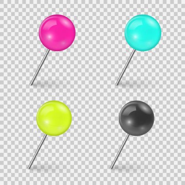 Gerçekçi renkli işaretleyici raptiye raptiye iğneli tahta raptiye organize duyuru. 3D plastik raptiyeler, metal dikiş iğneleri ya da kağıt uyarısı için tahta raptiyeler. Kırtasiye iğneleri. Vektör.