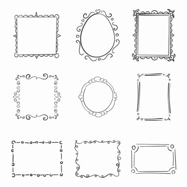 Hand drawn frames, square borders sketched doodle. Picture frame scribble drawing sketch. Outline drawing. Blank black square cadre sketches painted. Cartoon style. Vector illustration.