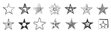 Doodle çizim yıldızı, yıldızlı çizim ve beyaz arkaplanda izole edilmiş yıldız ikonu. El çizimi karalama stili. Fırça, kalem ve mürekkeple çizilmiş siyah semboller. Düz dizayn. Vektör illüstrasyonu.