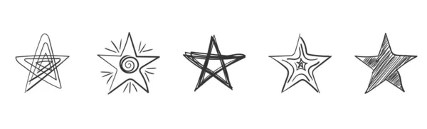 白い背景に孤立した落書きの星 星のスケッチや星のアイコン 手描きのスクリブルスタイルのスケッチ ブラシ インクで描かれた黒いシンボル フラットデザイン ベクターイラスト — ストックベクタ