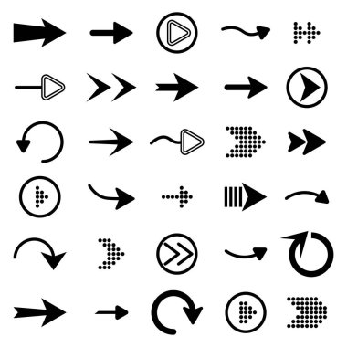 Beyaz arkaplanda yalıtılmış düz ok biçimi. Web tasarımı için farklı yeni tarz siyah oklar. İmleç. Vektör illüstrasyonu.