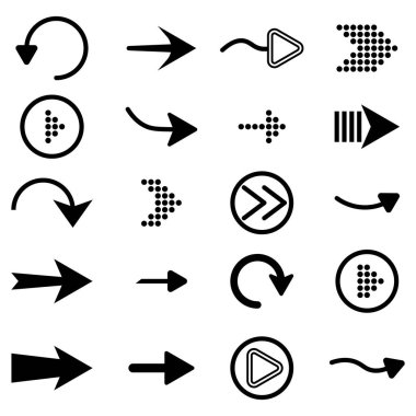 Beyaz arkaplanda yalıtılmış düz ok biçimi. Web tasarımı için farklı yeni tarz siyah oklar. İmleç. Vektör illüstrasyonu.