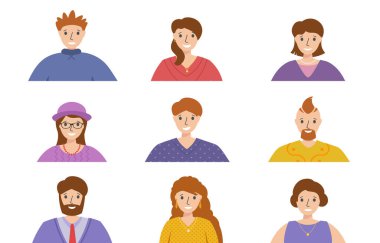 Bir grup insan, avatarlar, insanlar farklı milletleri düz bir şekilde yönetiyor. Bir grup genç erkek, erkek, kız, kız, erkek. Erkek, kadın çizgi film karakterleri. İnsan yüzü profilleri. Vektör portreleri