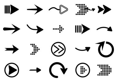 Beyaz arkaplanda yalıtılmış düz ok biçimi. Web tasarımı için farklı yeni tarz siyah oklar. İmleç. Vektör illüstrasyonu.