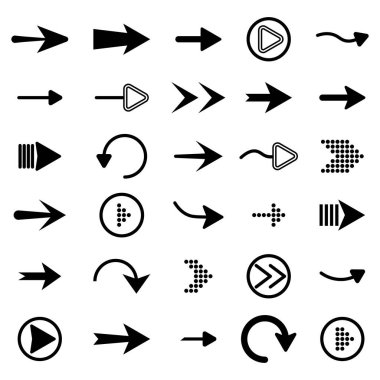 Beyaz arkaplanda yalıtılmış düz ok biçimi. Web tasarımı için farklı yeni tarz siyah oklar. İmleç. Vektör illüstrasyonu.