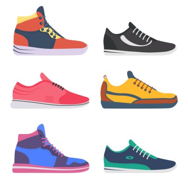 Spor olsun diye spor ayakkabıları ve spor ayakkabıları topluyoruz. Spor ayakkabı, beyaz arka planda izole edilmiş günlük ayakkabı giysisi. Ayakkabı simgeleri ayarlandı. Yüksek ve alçak yataklar. Vektör illüstrasyonu