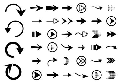 Beyaz arkaplanda yalıtılmış düz ok biçimi. Web tasarımı için farklı yeni tarz siyah oklar. İmleç. Vektör illüstrasyonu.