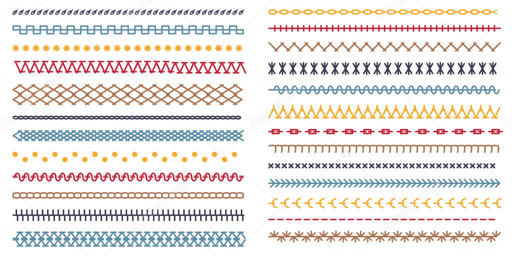 Machine and hand stitches set. Seamless embroidery pattern. Different types of machine color stitch brush pattern for fasteners, dresses garments, bags, clothing and accessories. Vector illustration