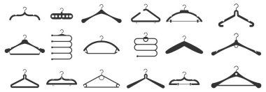 Paltolar, kazaklar, elbiseler, etekler, pantolonlar için ahşap askılar. Moda kıyafetleri askısı beyaz arkaplanda düz çizgi film ikonu. Gardırop. Tasarım şablonu, grafik düzeni, reklamcılık. Vektör