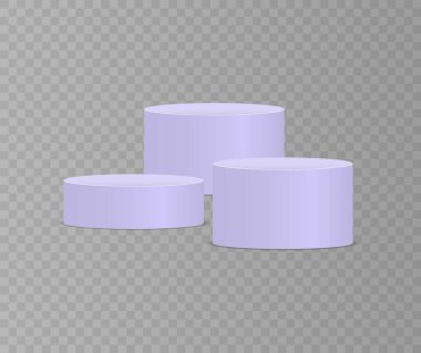 Beyaz 3D podyum, farklı şekillerde. Yayalar ve platformlar, sahne alın, silindir. Promosyon ürünleri için şablon. Yuvarlak ve kare boş aşamalar ve podyum merdiven vektörü 3d şablon.