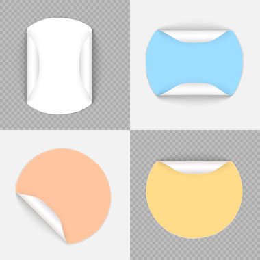 Set of round adhesive stickers with folded edges. Color paper sticker of different shapes with curled corners. Empty price tag templates. Mega savings, sale sticker set. Vector illustration.