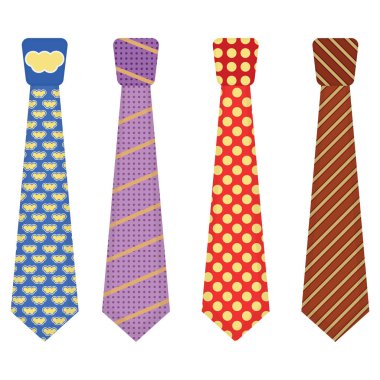 Men accessories ties fashioned. Set of various colored ties isolated on white background. Big colored set neckties different types. Collection men icons. Vector illustration, eps 10.