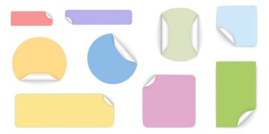 Set of round adhesive stickers with folded edges. Color paper sticker of different shapes with curled corners. Empty price tag templates. Mega savings, sale sticker set. Vector illustration.