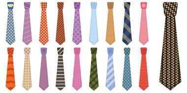 Men accessories ties fashioned. Set of various colored ties isolated on white background. Big colored set neckties different types. Collection men icons. Vector illustration, eps 10.