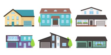 Home facade with doors and windows. House exterior front view with roof. Modern. Collection of cottage, modern architecture. Idea of real estate. Modern buildings in a flat style. Vector illustration.