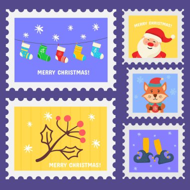Noel sembolleri ve dekorasyon unsurları olan sevimli bir Noel pulu. Tatil etiketleri elle çizilmiş tasarım. Posta pulları koleksiyonu. Bir dizi güzel Noel posta damgası. Vektör illüstrasyonu.